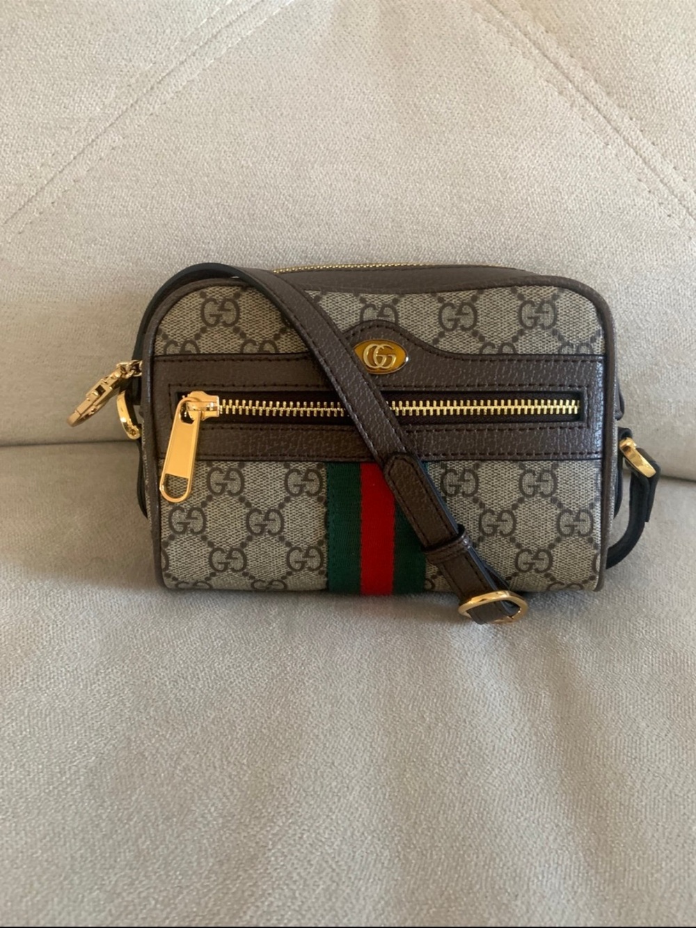 Gucci Beige GG Supreme Canvas Crossbody with Red & Green Web Stripe